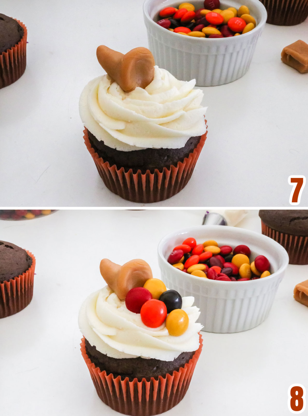 Collage image showing how to decorate the cupcake with the caramel cornucopia and the M&M's.