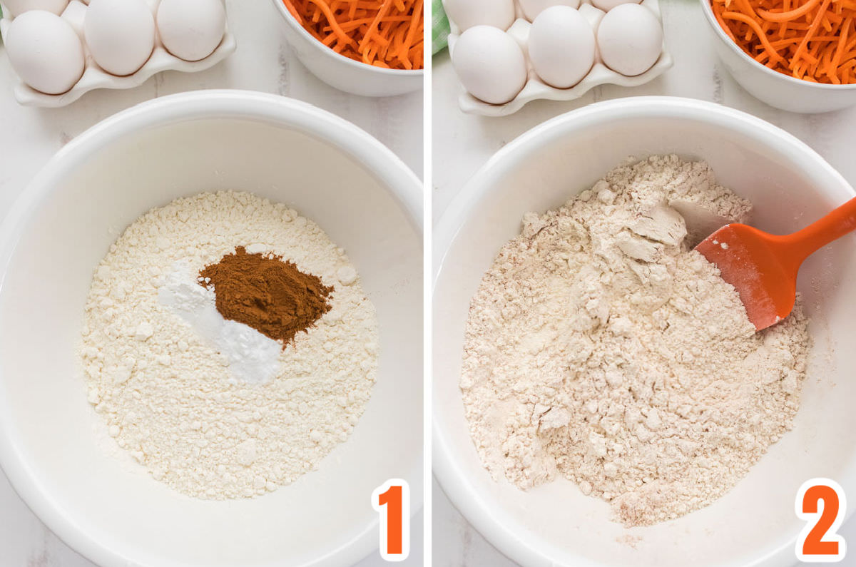 Collage image showing how to whisk together the dry ingredients.