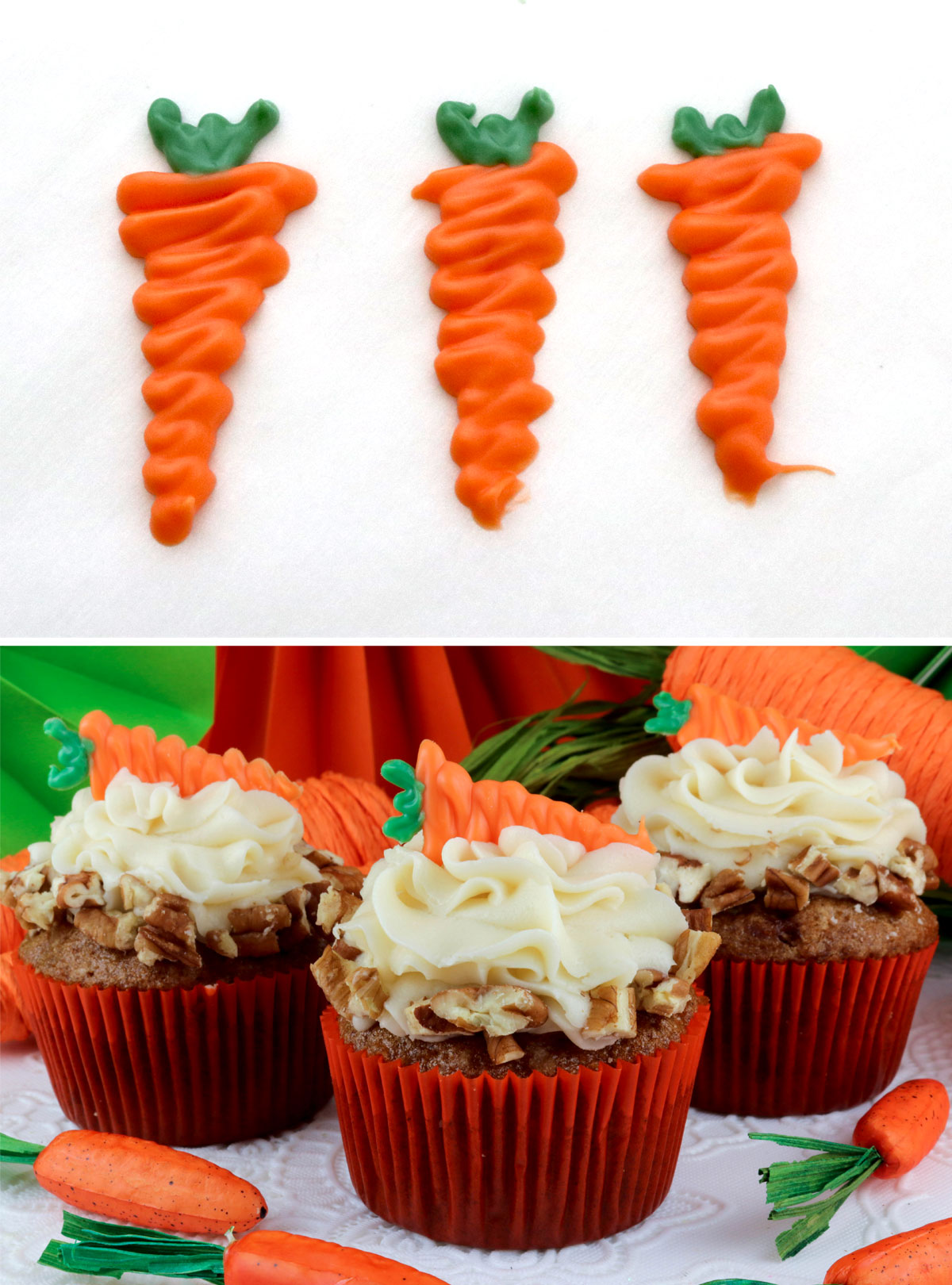 Collage image showing a second way to decorate the cupcakes by adding a edible carrot decoration made from candy melts.