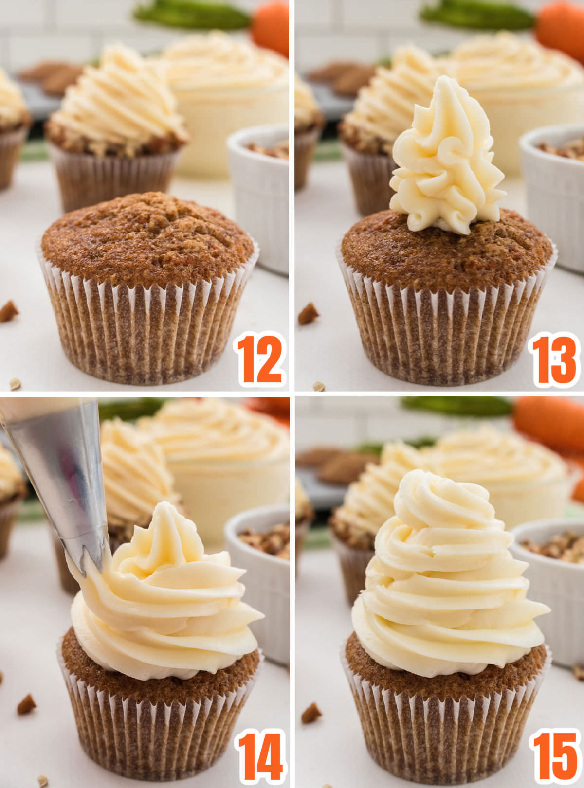 Collage image showing how to frost the carrot cake cupcake with a swirl of homemade Cream Cheese Frosting.