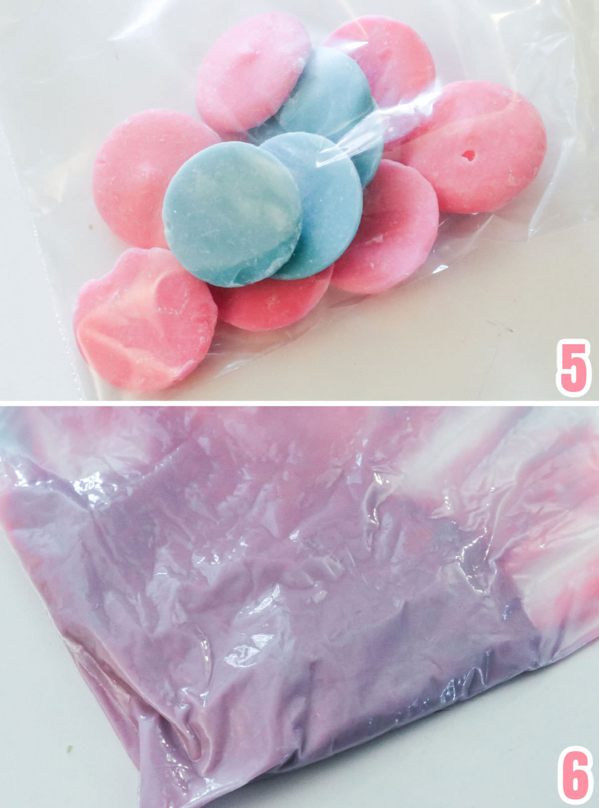 Collage image showing how we used plastic baggies to melt the candy melts to create the decorative drizzles on the marshmallow pops.