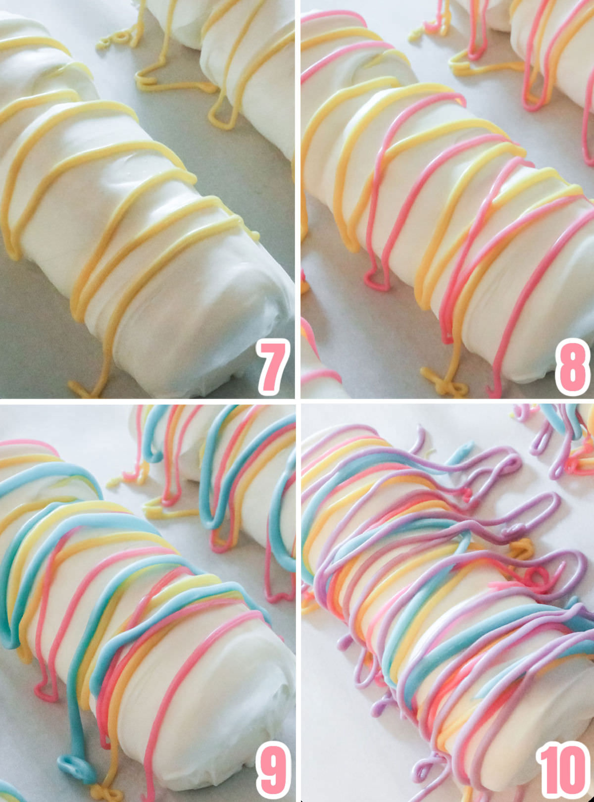 Collage image showing the steps we used to decorated the Marshmallow Pops with pastel colored candy melt drizzles.