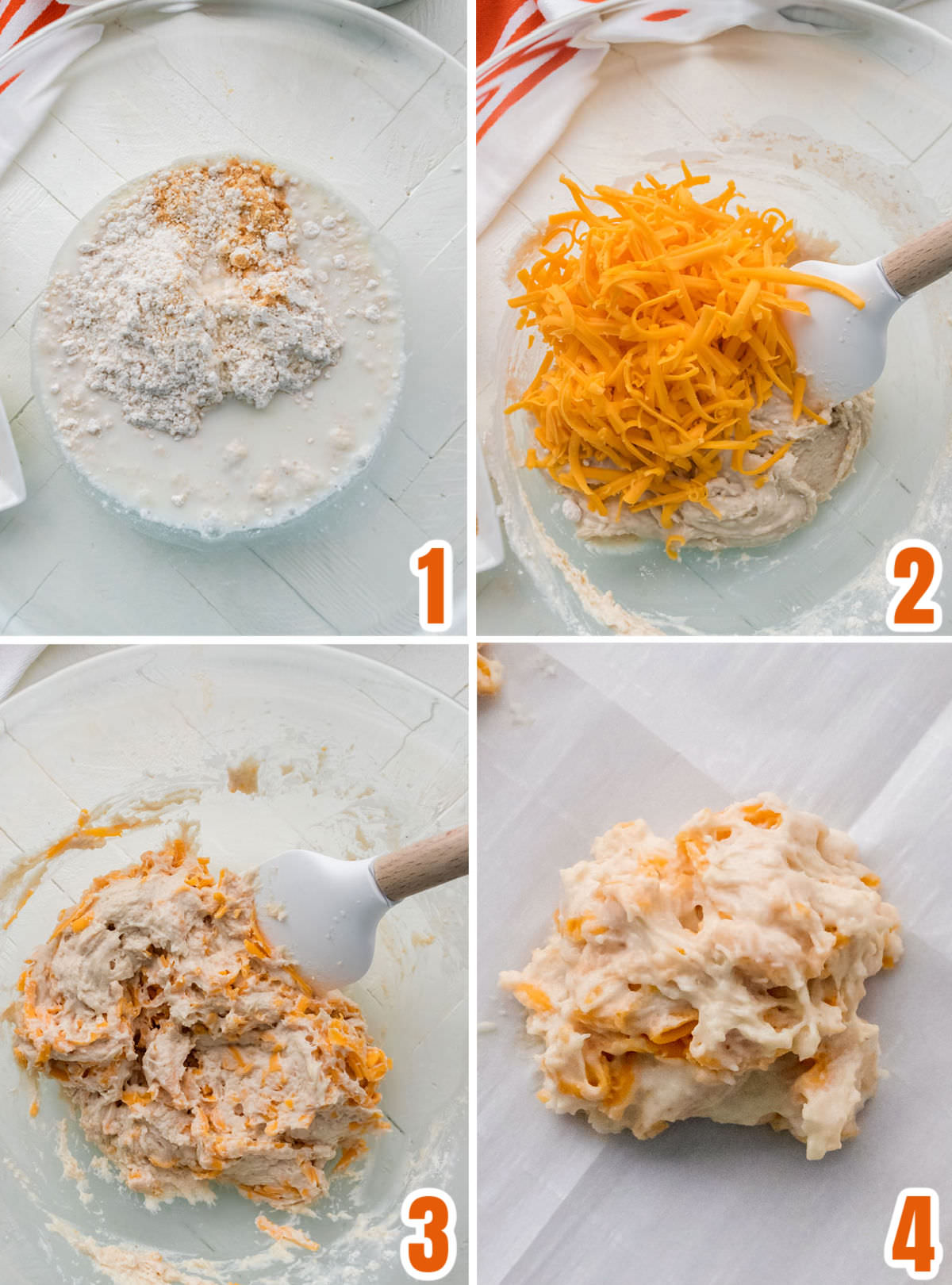 Collage image showing how to make the biscuit dough for the Cheesy Garlic Biscuits.