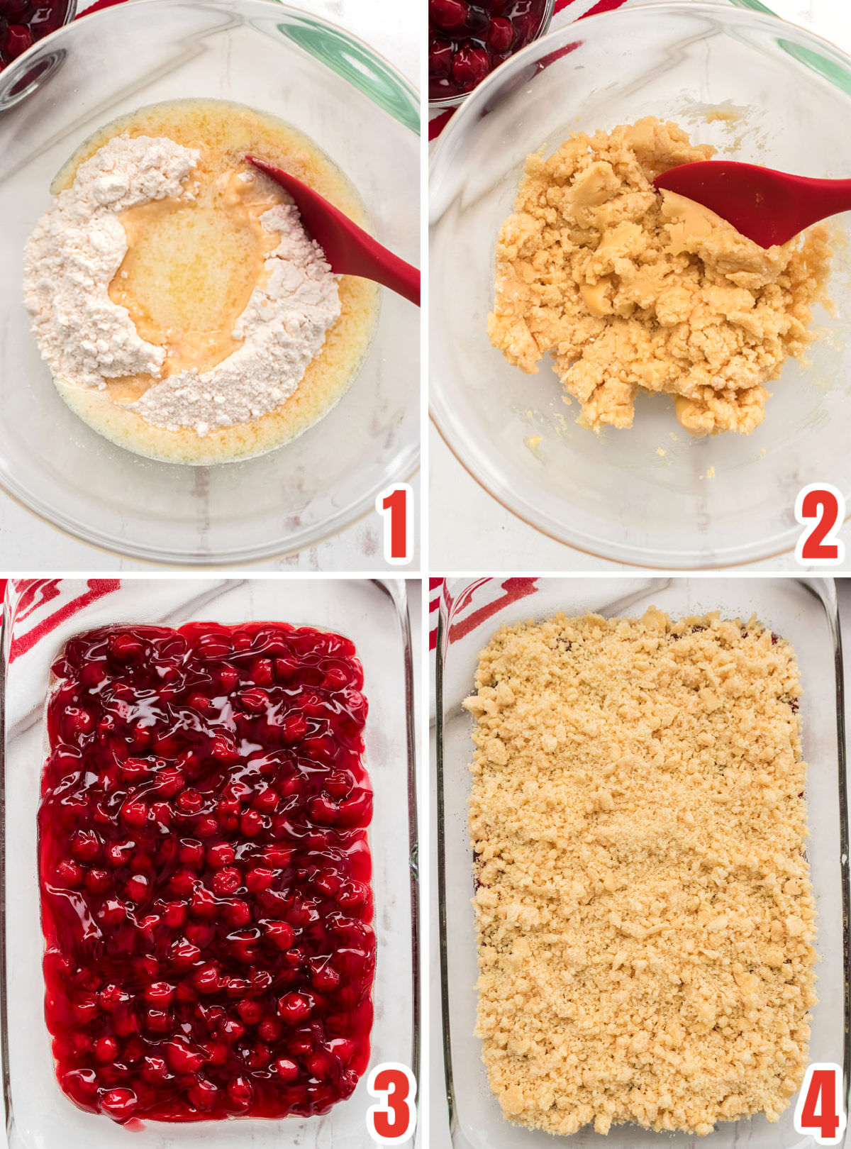 Collage image showing the steps required to make the cherry dessert.