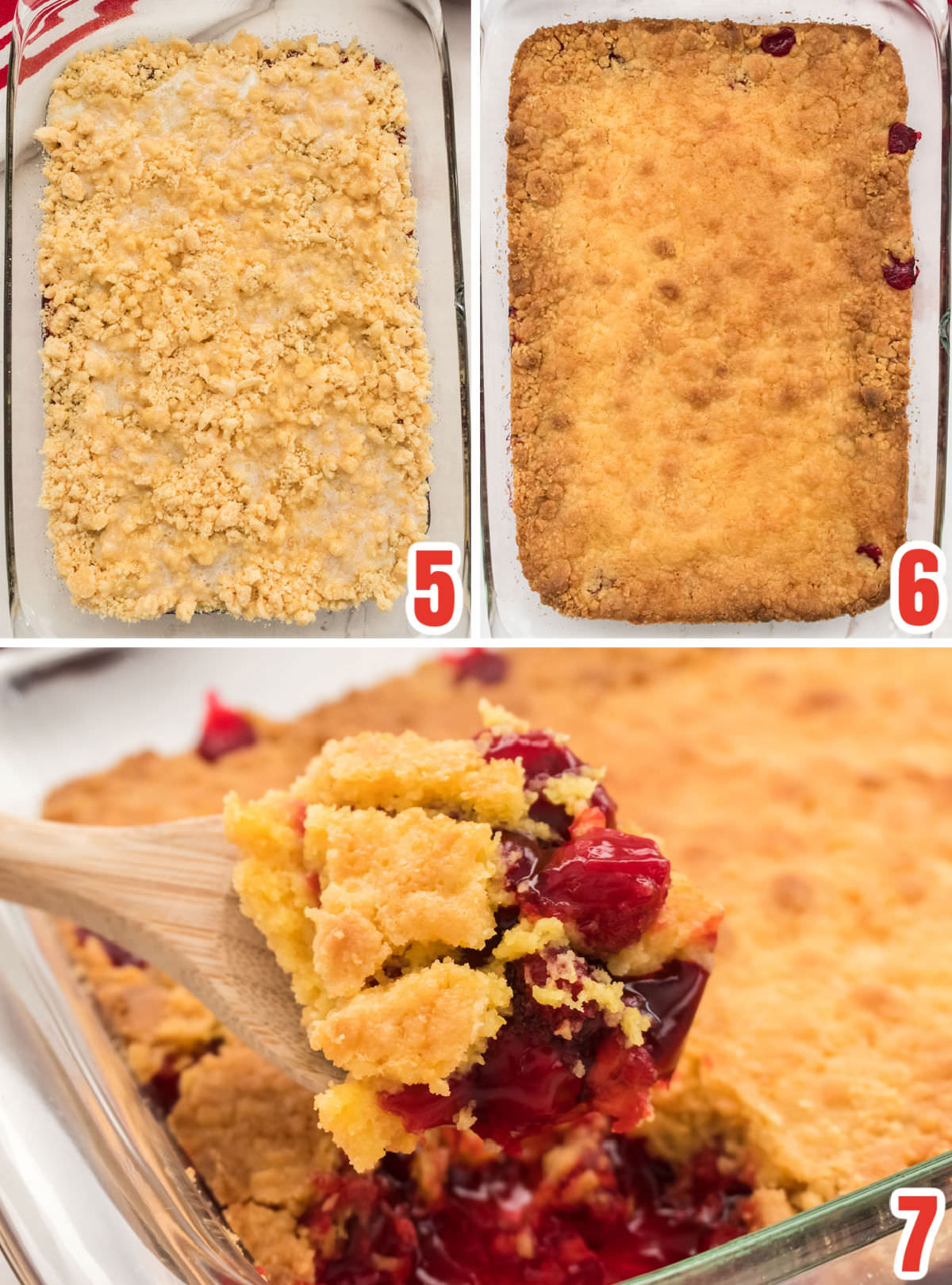 Collage image showing the Cherry Dump Cake before it goes in the oven and after it comes out of the oven.