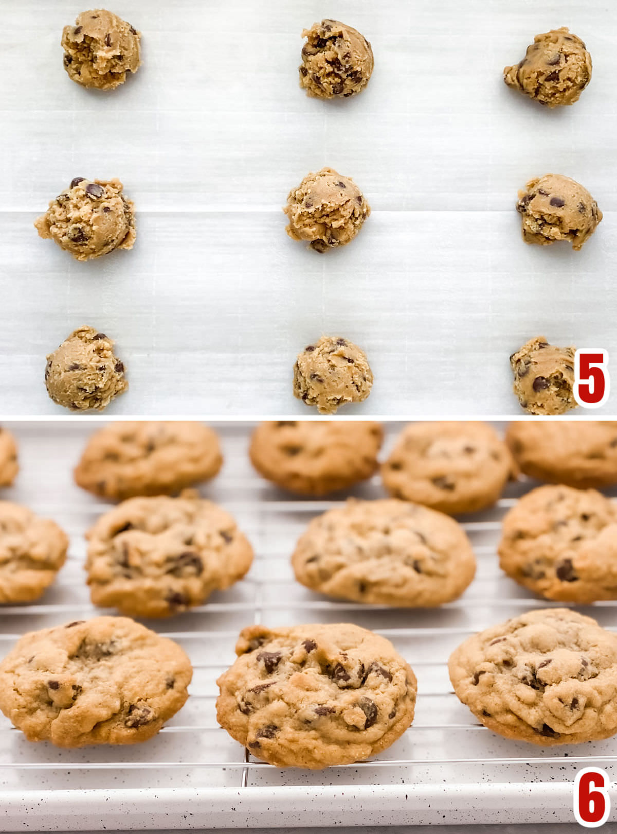 Collage image showing the Chocolate Chip Cookies before going into the oven and after they come out of the oven.