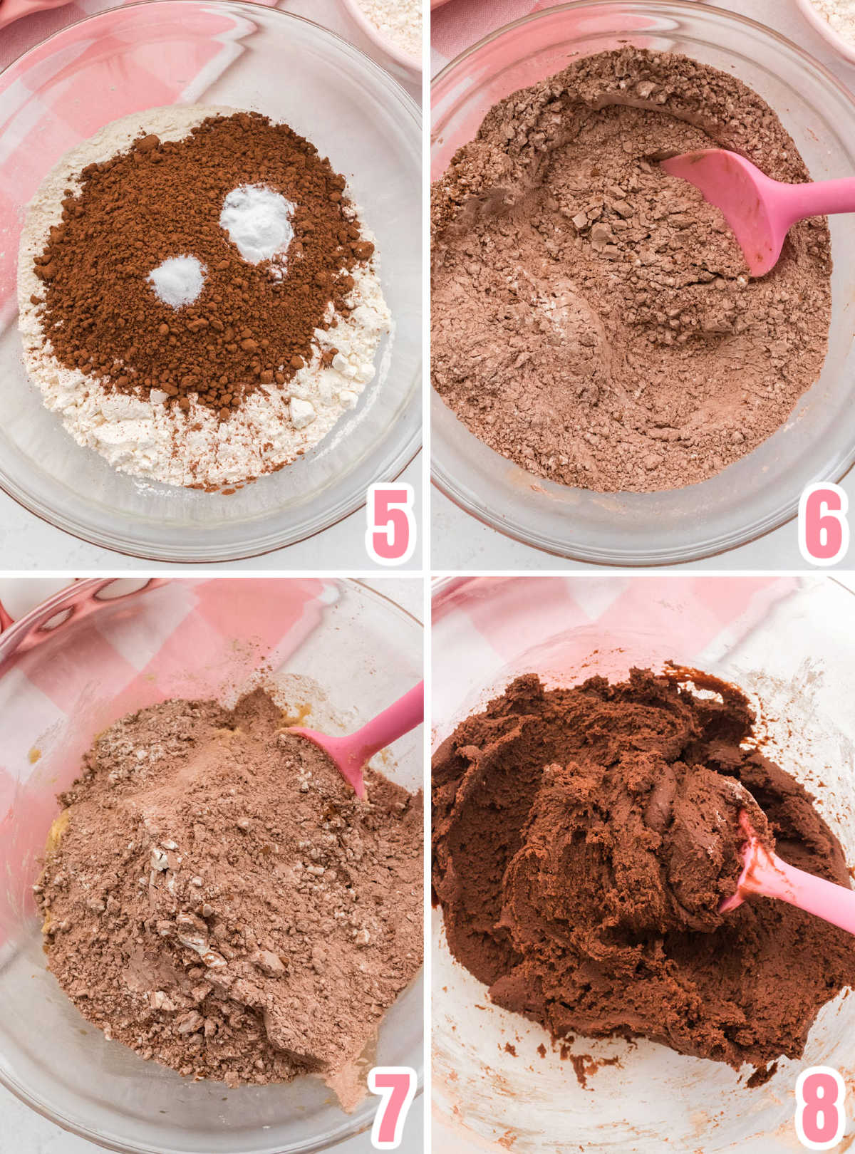 Collage image showing the steps for mixing the dry ingredients into the Cookie dough.