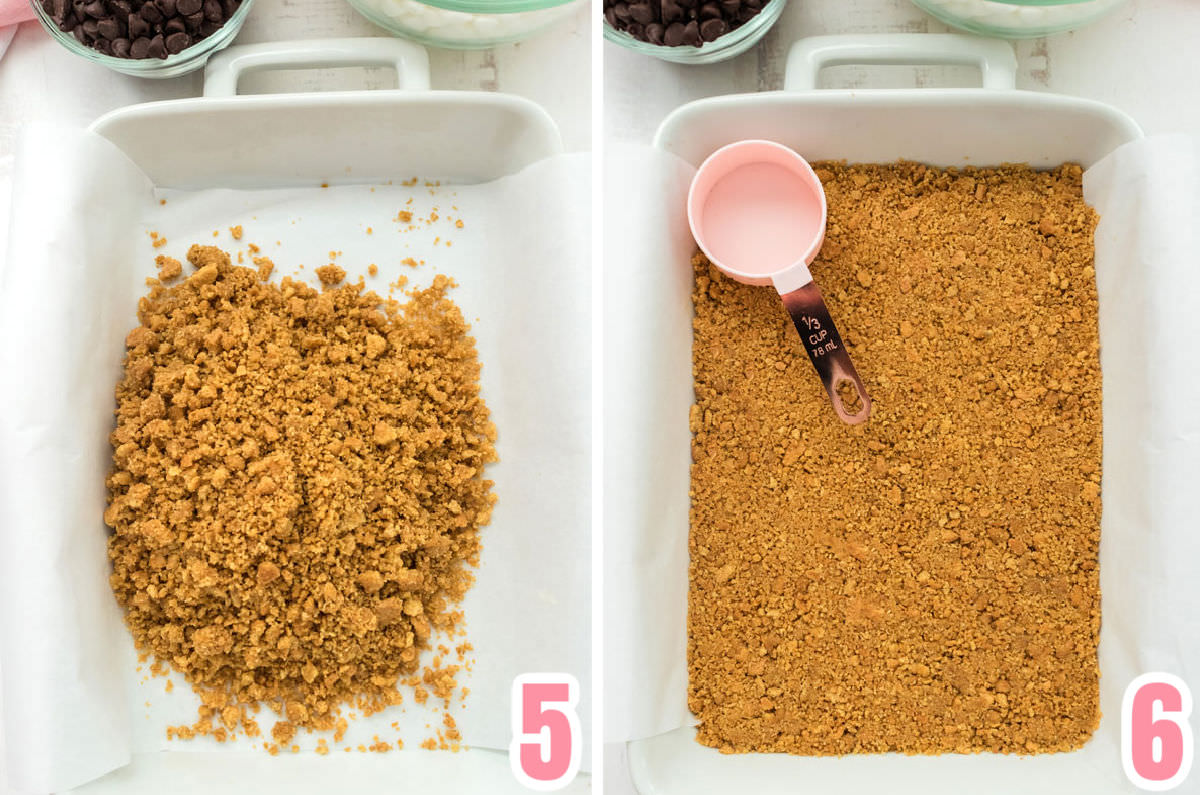 Collage image showing how to press the graham cracker crumbs into the baking dish.