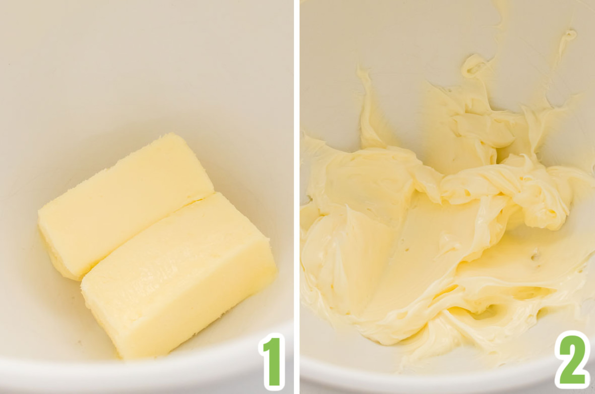 Collage image showing the steps for creaming the butter with the Peppermint Extract to create the perfect mint flavor for the frosting.