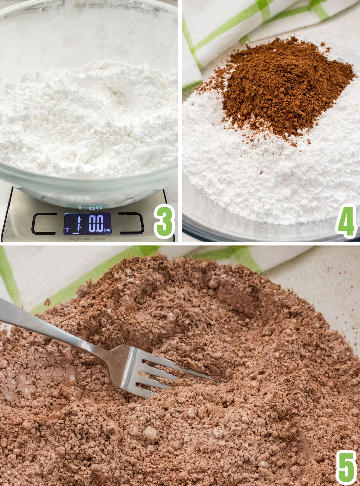 Collage image showing the steps for adding the cocoa powder to the powdered sugar.