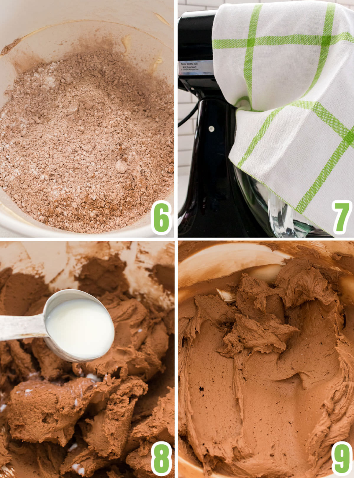 Collage image showing the steps for adding the powdered sugar to the butter mixture to make the frosting.