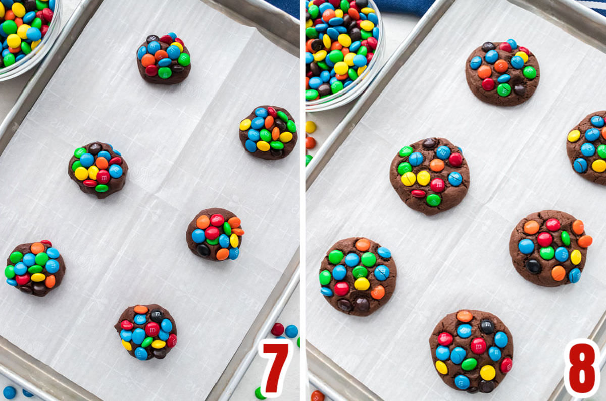 Collage image showing the Chocolate M&M Cookies before going in the oven and after coming out of the oven.