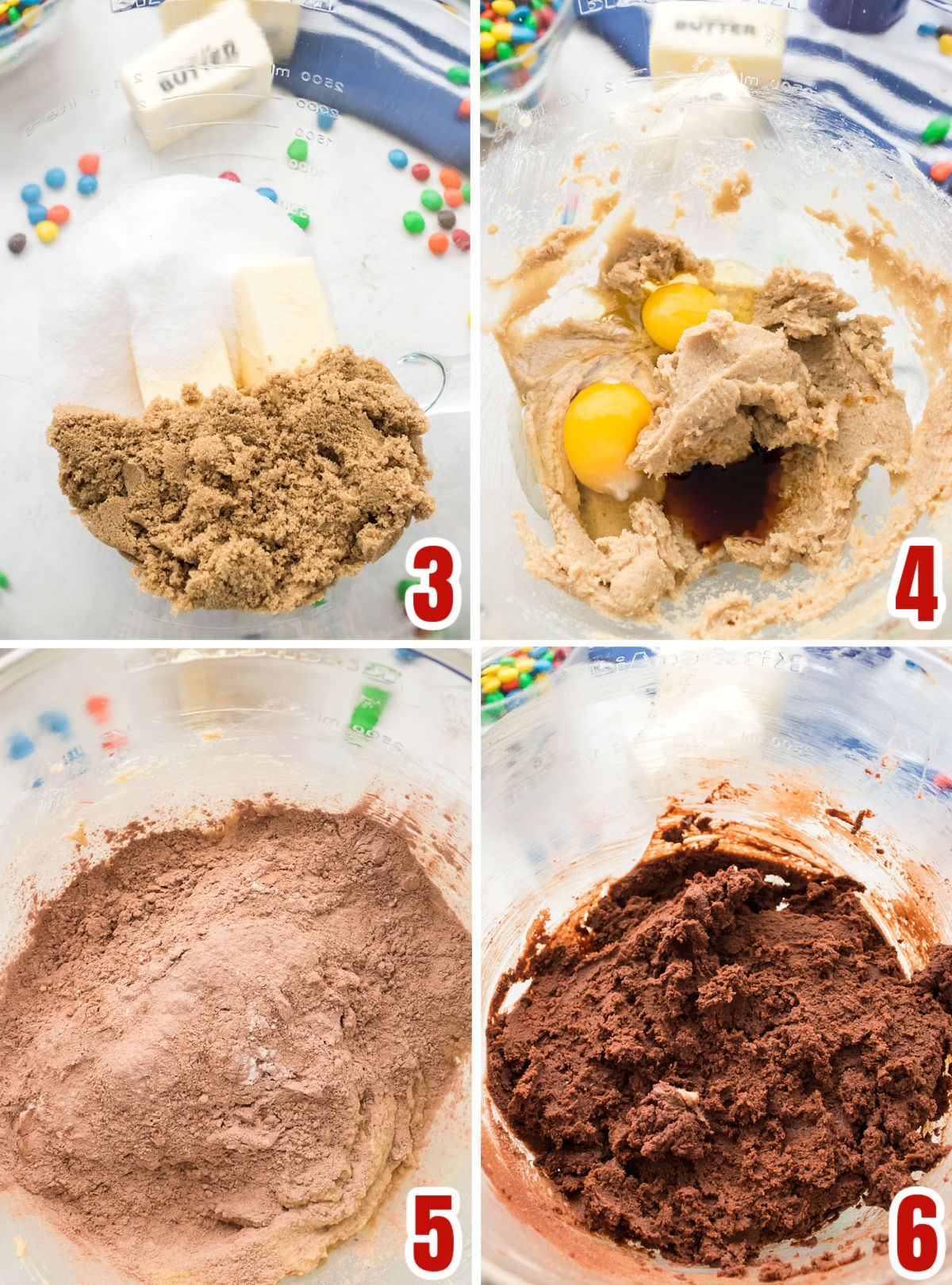 Collage image showing the steps for making the Chocolate M&M Cookie dough.