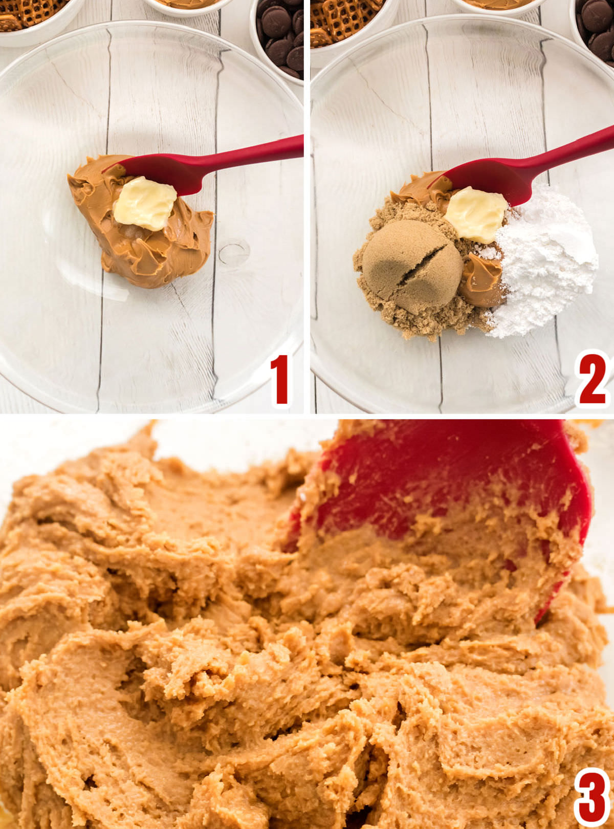 Collage image showing the steps for making the Peanut Butter filling for the pretzel bites.