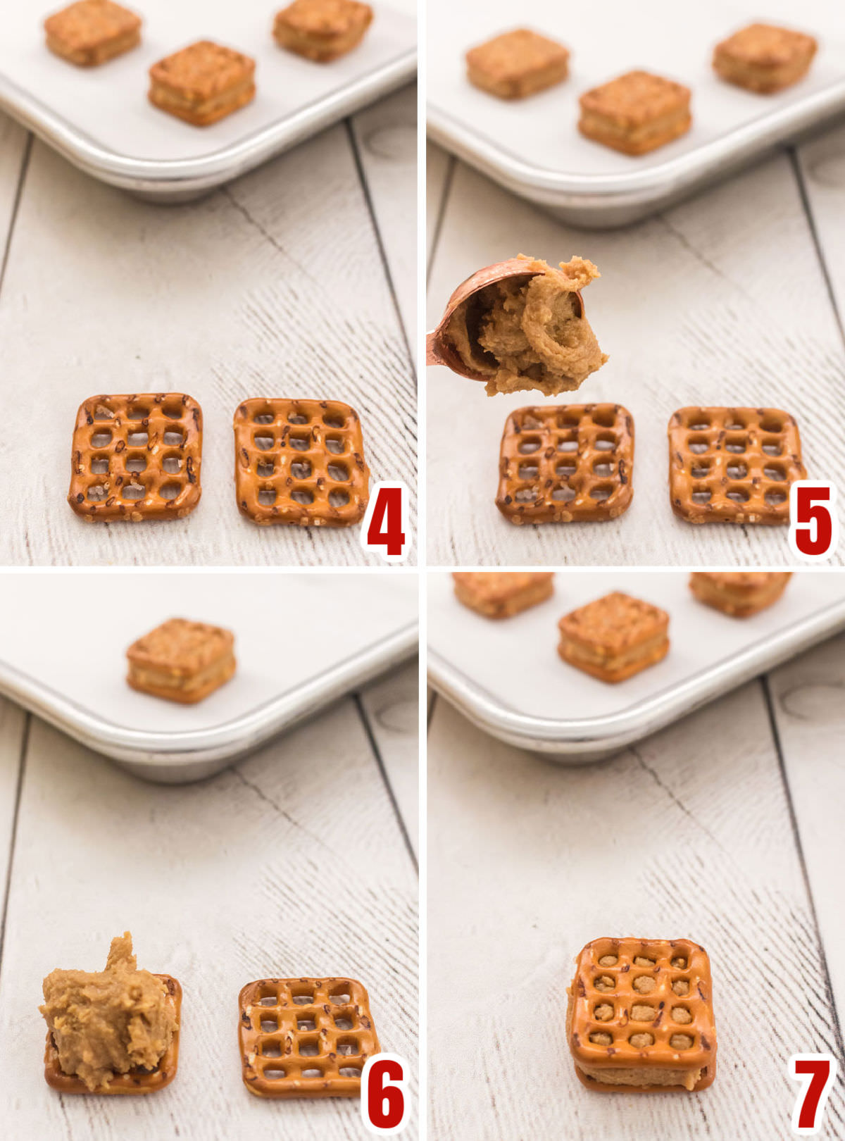 Collage image showing the steps for assembling the pretzel bites with the peanut butter filling.
