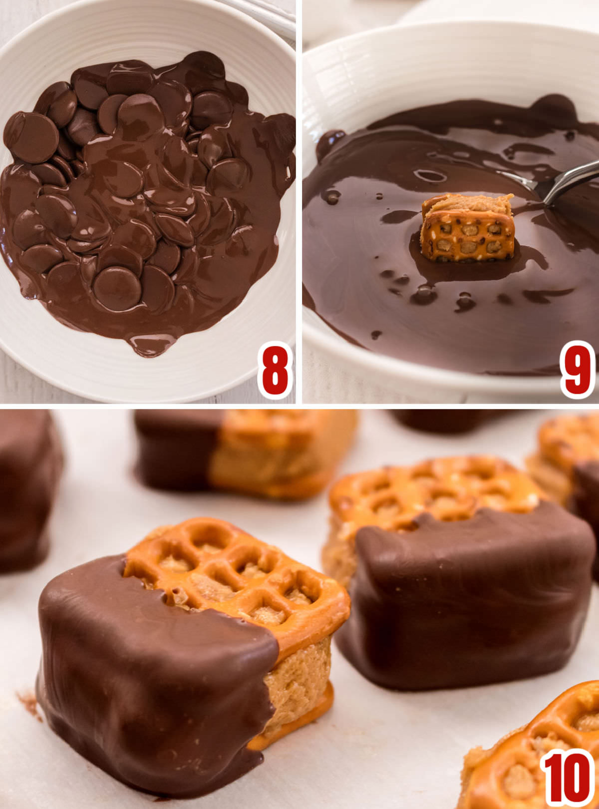 Collage image showing the steps for dipping the pretzel bites in chocolate.