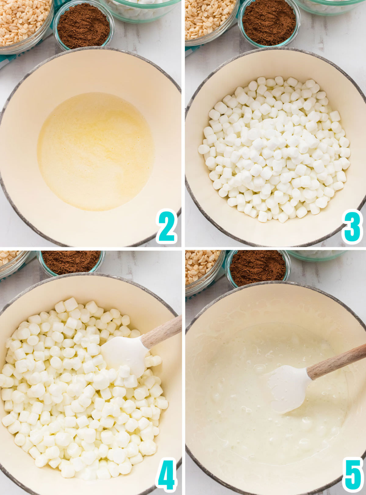 Collage image showing the steps on how to make the marshmallow mixture for the Chocolate Rice Krispie Treats.