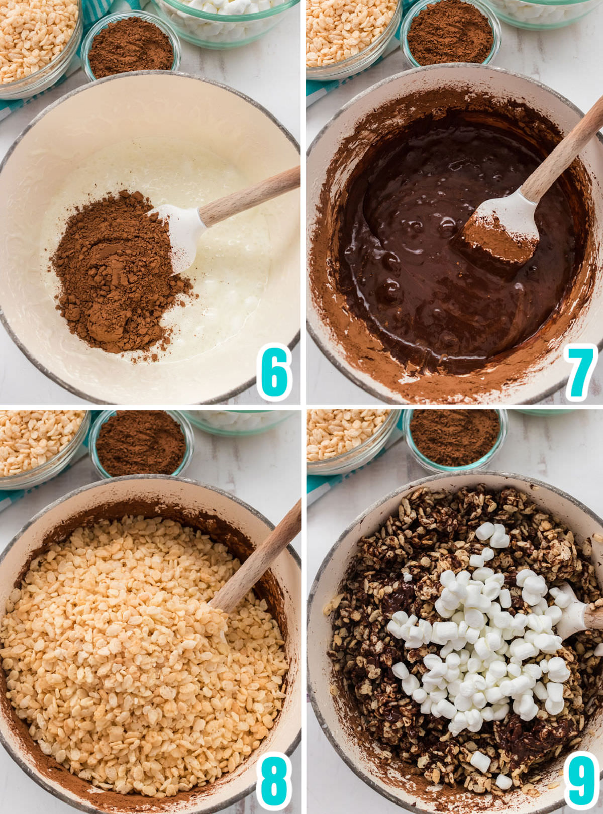 Collage image showing how to add the chocolate and the Rice Krispie Cereal to the marshmallow mixture.