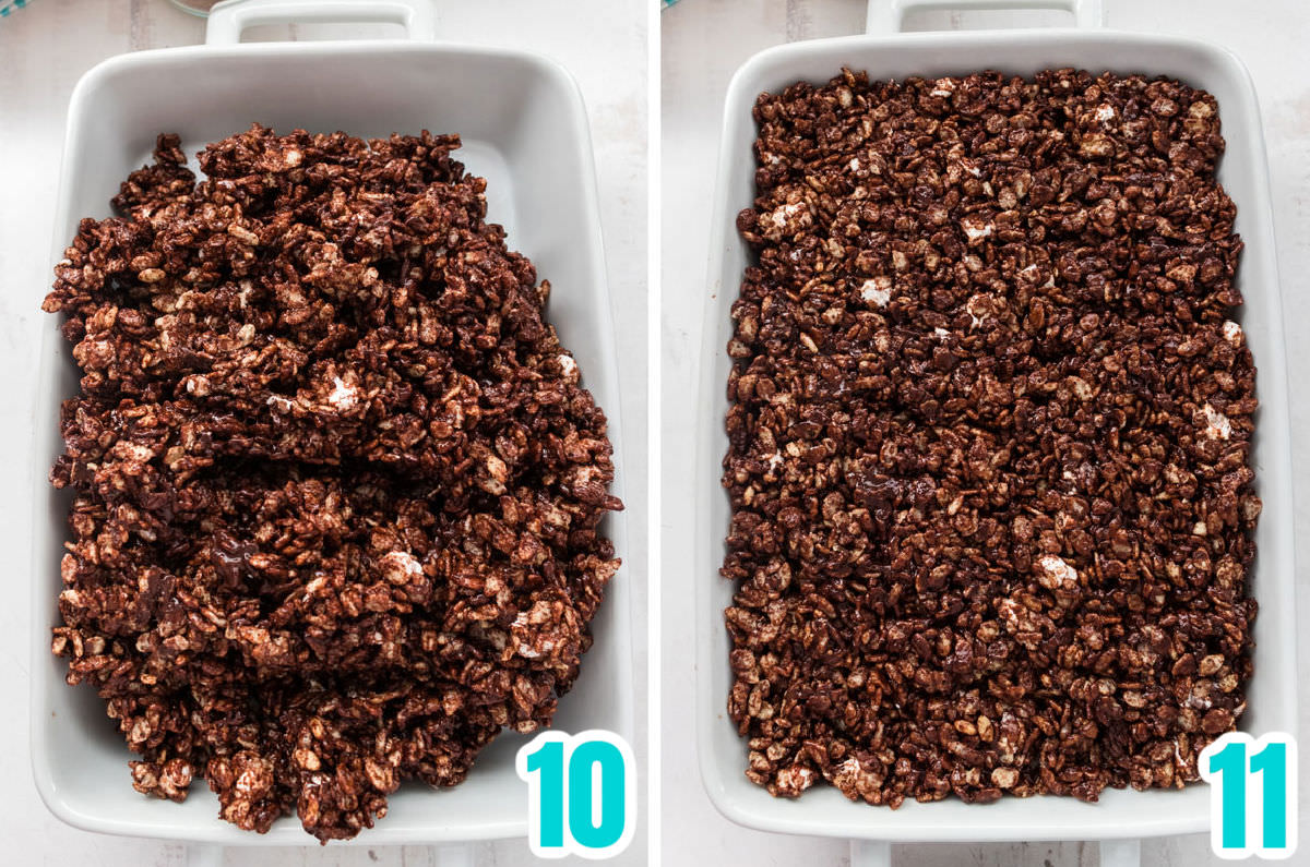 Collage image showing how to press the Chocolate Rice Krispie Treat mixture into the pan.