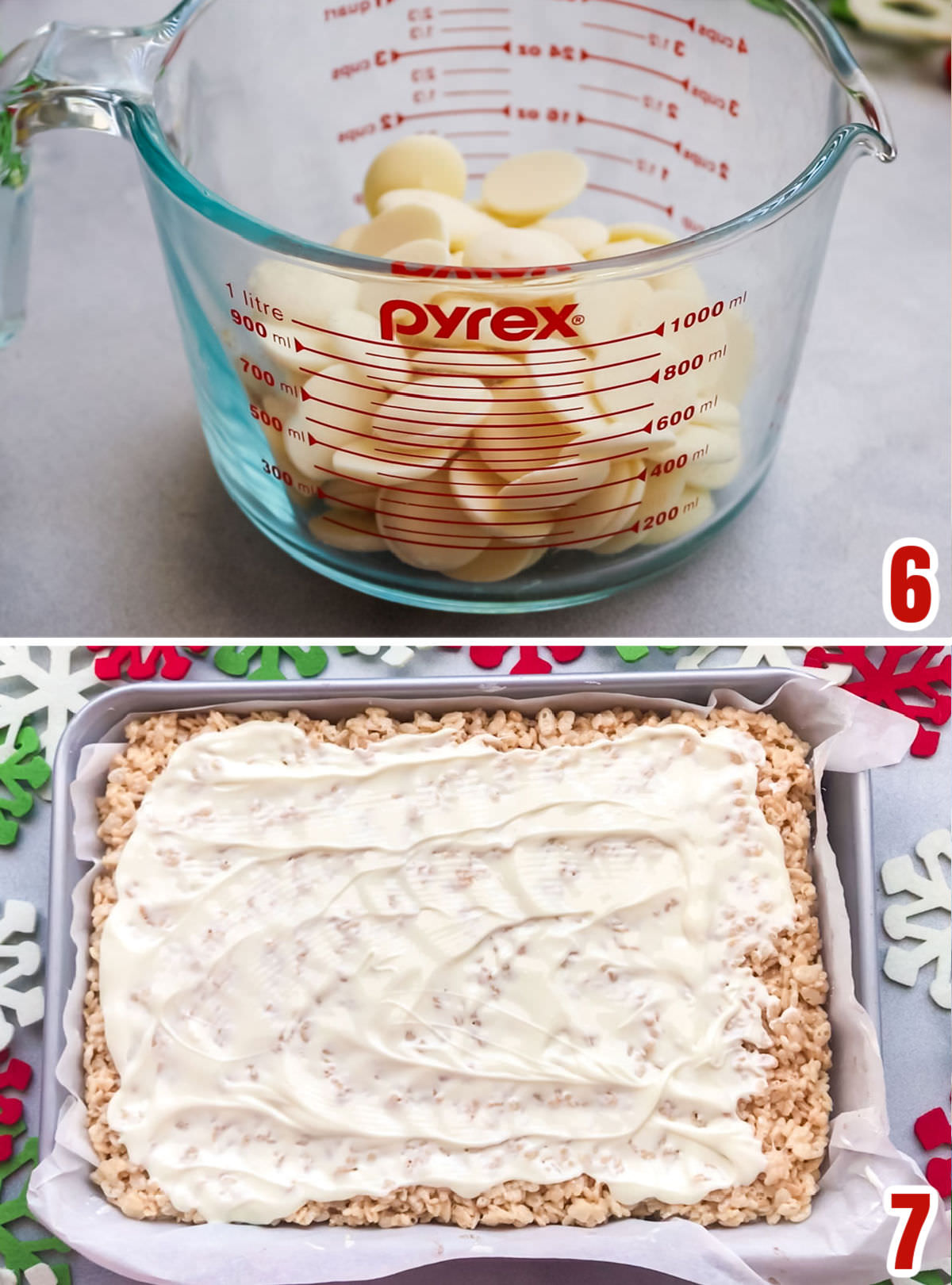 Collage image showing how to melt the white chocolate to create a white chocolate layer on the Brownie bar.