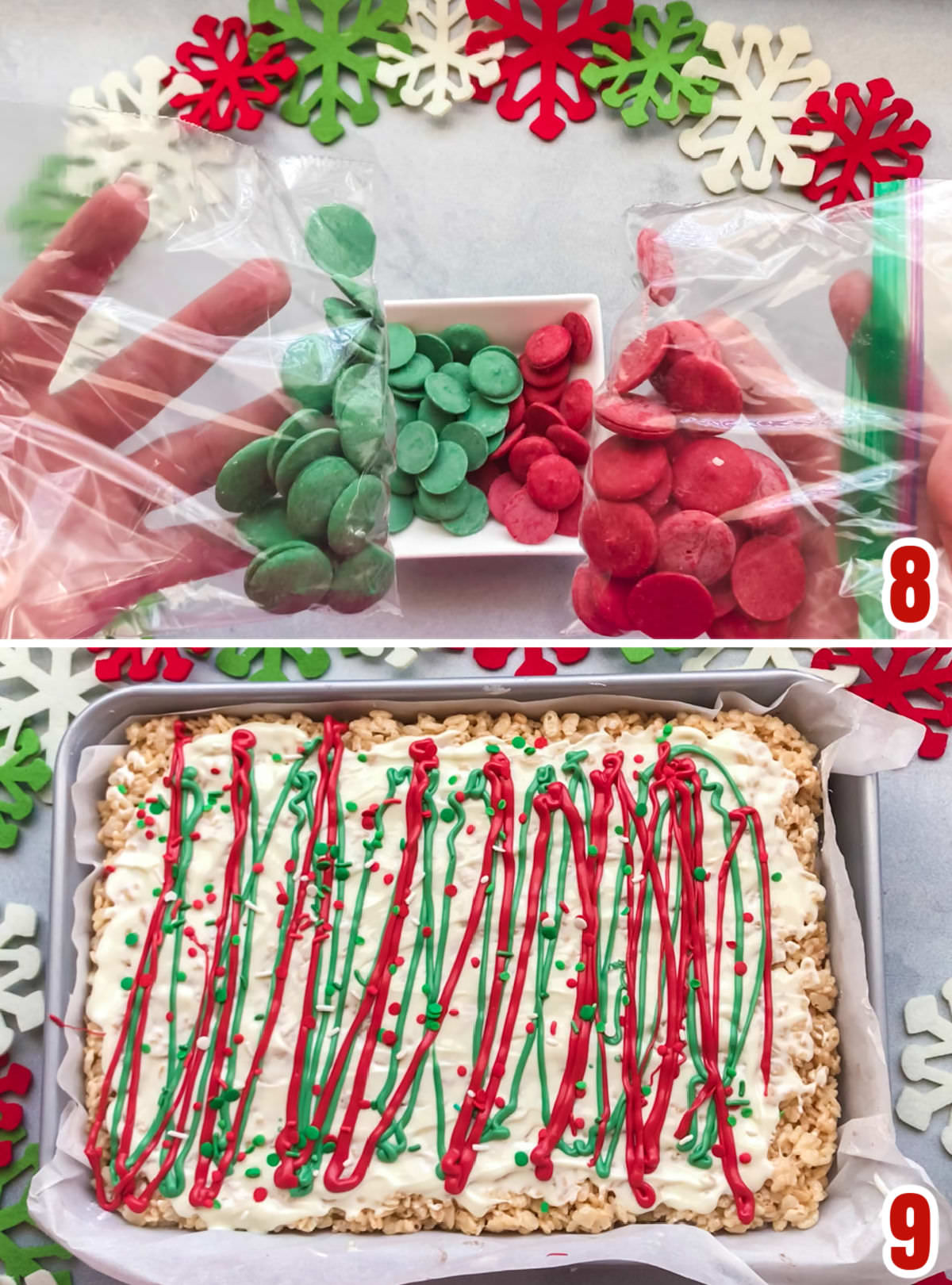 Collage image showing the steps for decorating the top of the Brownie Rice Krispie Treats with Red and Green Candy Melts.