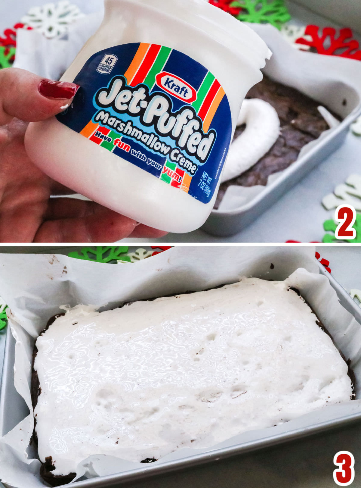 Collage image showing the steps for creating the marshmallow creme layer.