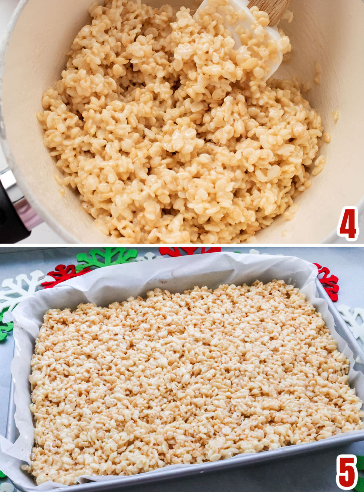 Collage image showing the steps for making the Rice Krispie Treat layer.
