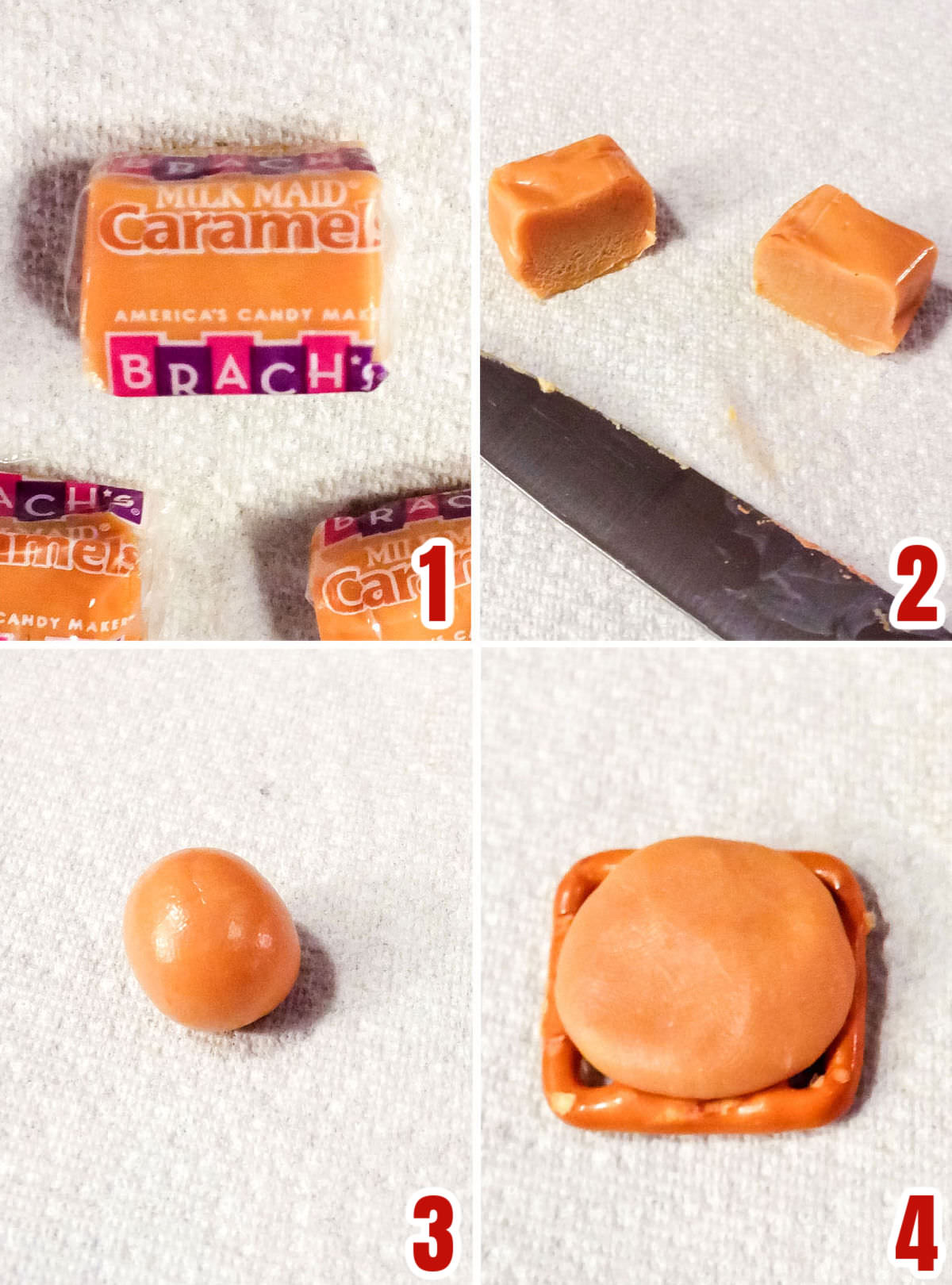 Collage image showing how to prepare the caramel to add to the pretzel bite.
