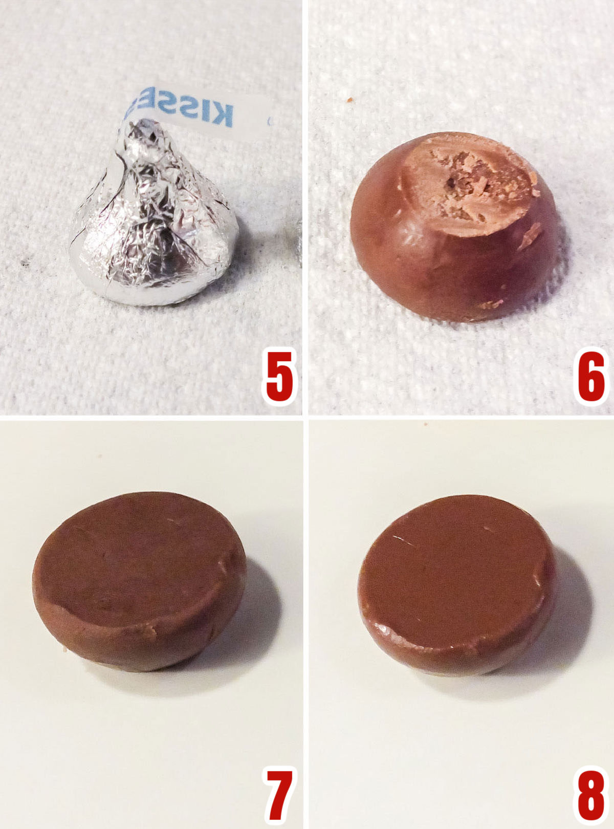 Collage image showing how to prepare the Hershey Kiss to add to the Pretzel Bite.