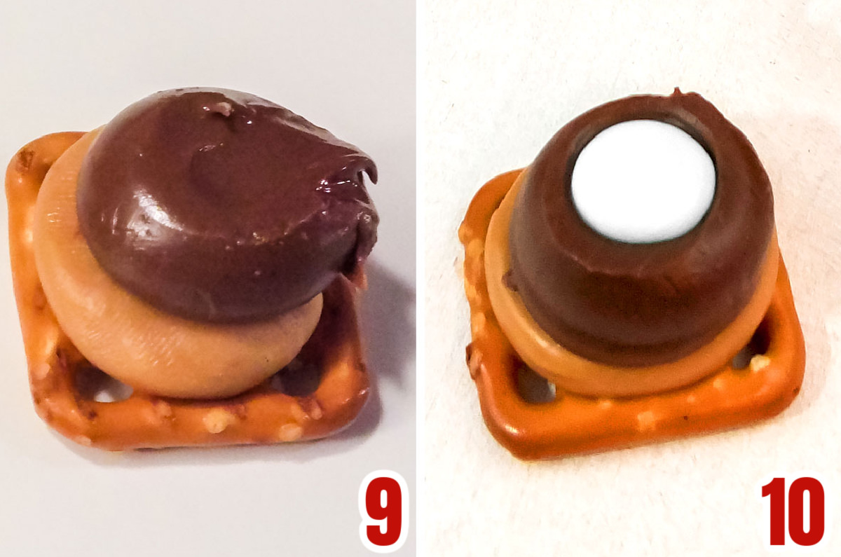 Collage image showing how to press the M&M into the melted chocolate.