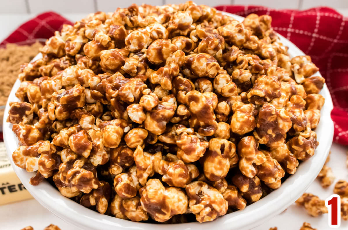 Closeup on a bowl of homemade Caramel Corn.