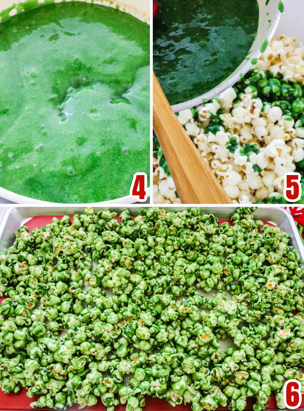 Collage image showing the steps for creating the green Caramel Corn.