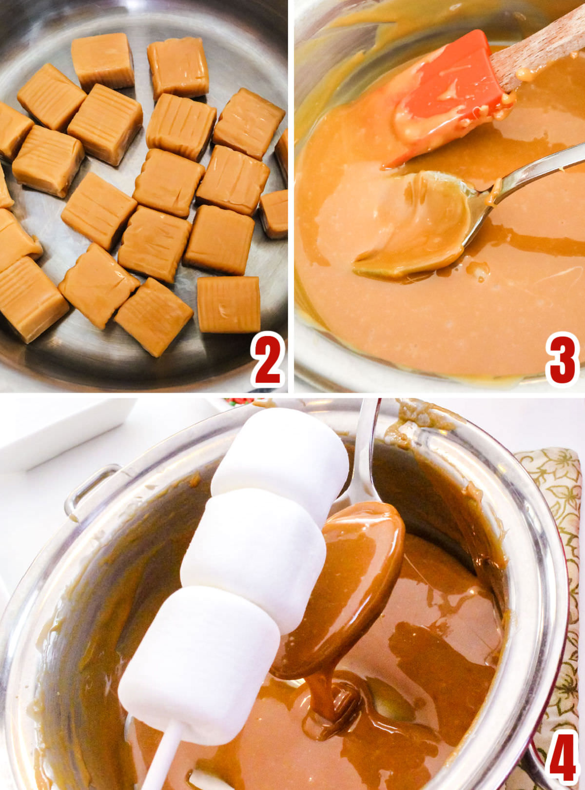 Collage image showing the steps for covering the marshmallow pop with melted caramel.