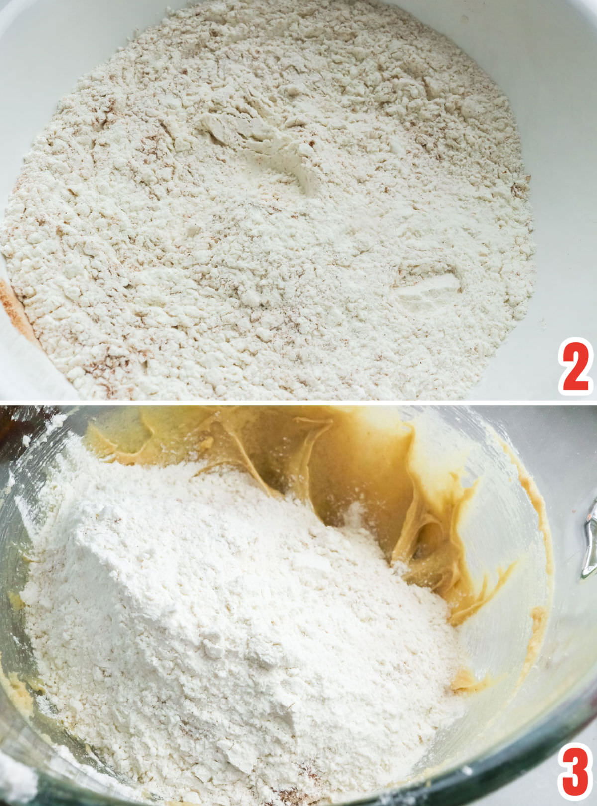 Collage image showing the steps for adding the dry ingredients to the cookie dough.