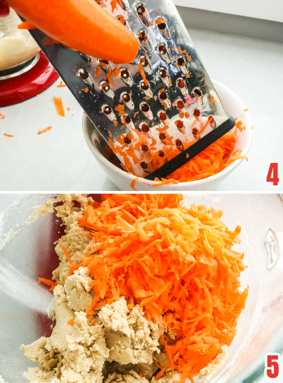 Collage image showing how to grate carrots for the cookies and add them to the cookie dough.