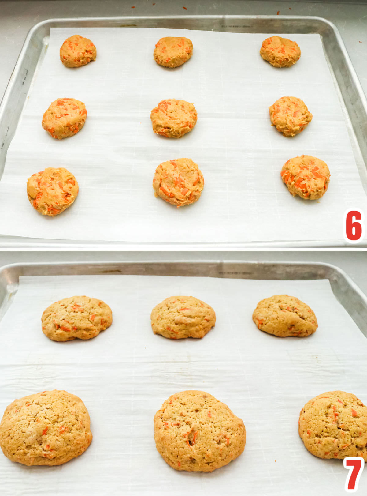 Collage image showing the carrot cake cookies before they go in the oven and after they come out of the oven.