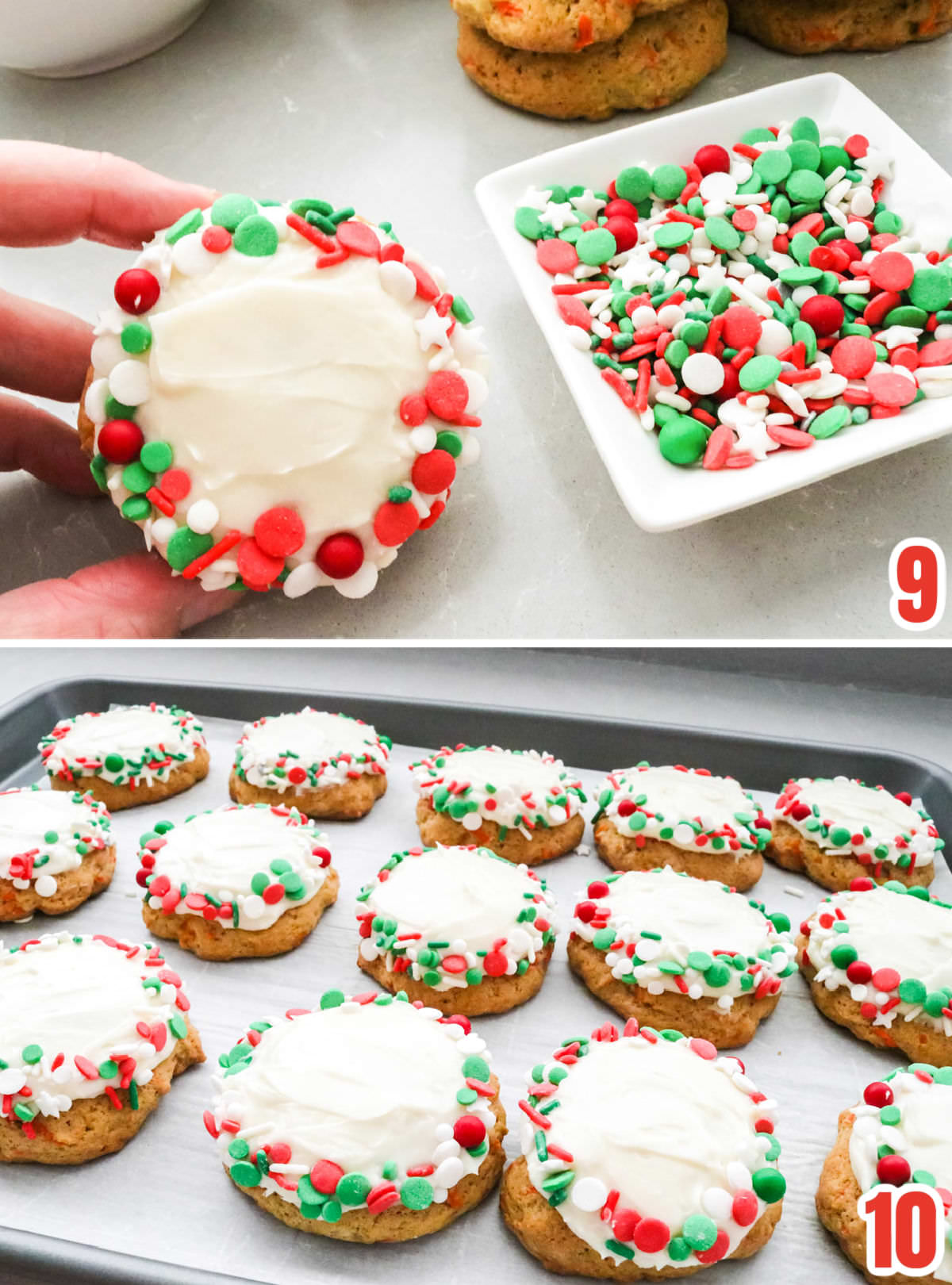 Collage image showing how to frost and decorate the Christmas Carrot Cake Cookies.