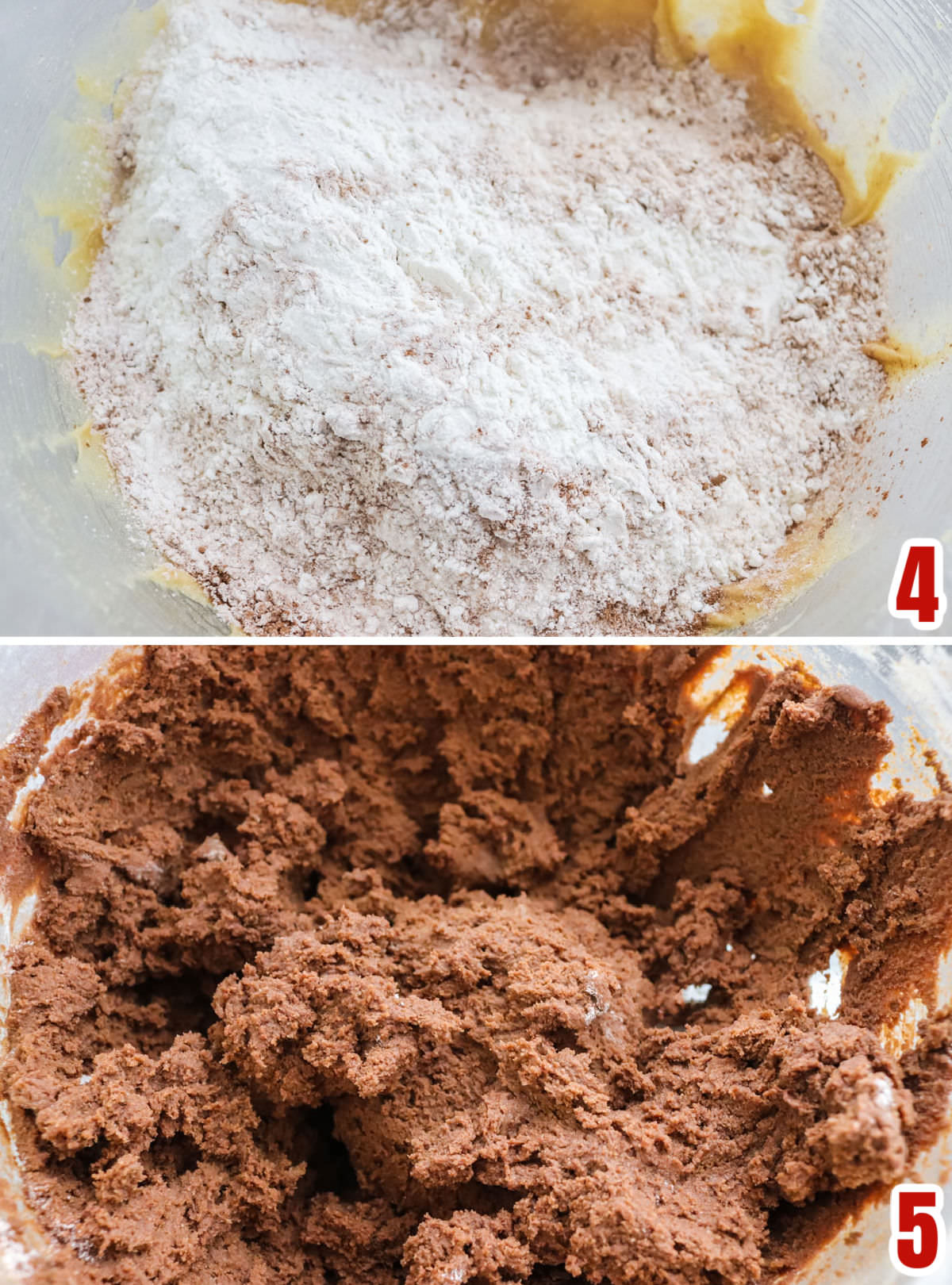 Collage image showing how to add the flour into the cookie dough.