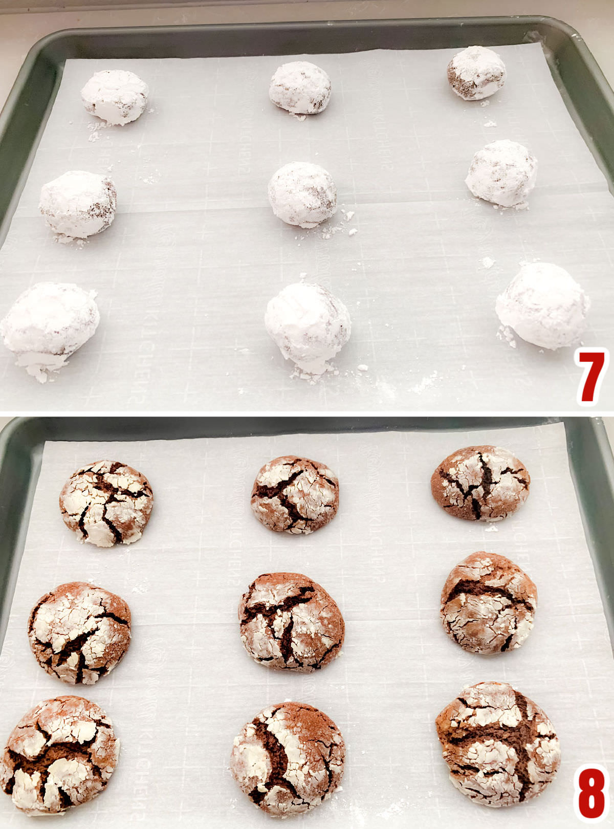 Collage image showing the Crinkle Cookies before they go in the oven and after they come out of the oven.
