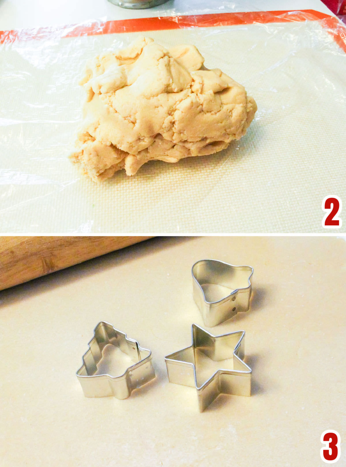 Collage image showing the steps for rolling out the sugar cookie dough and cutting out the cookies with small Christmas Cookie Cutters.