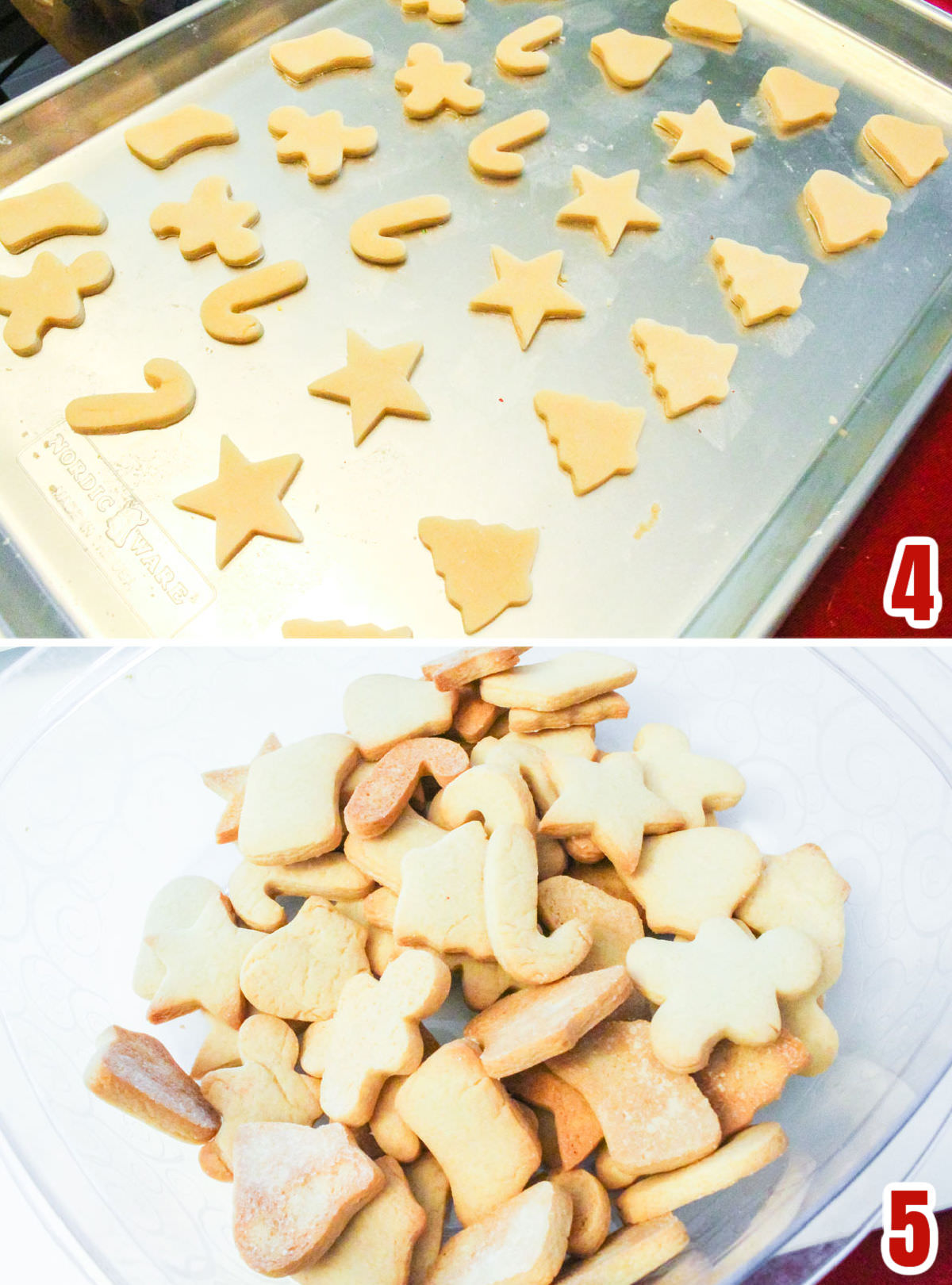 Collage image showing the steps for baking the small holiday-themed Sugar Cookies.