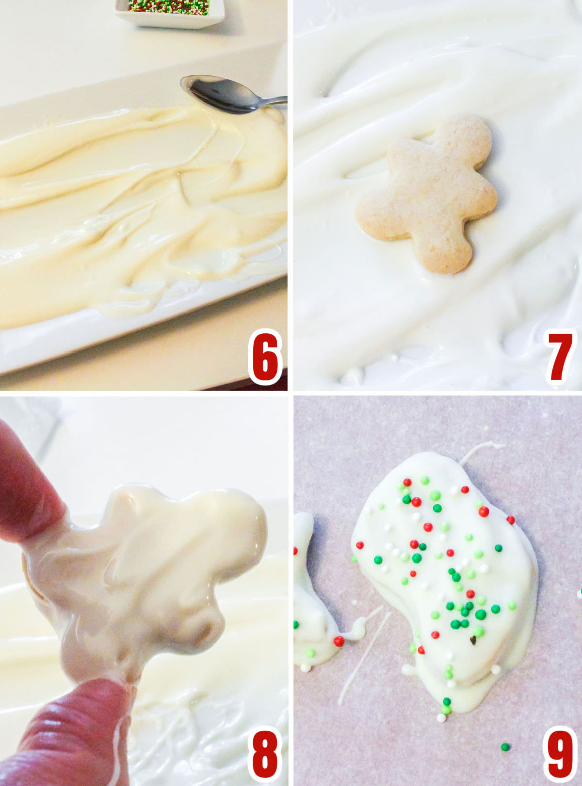 Collage image showing the steps for covering the small sugar cookie in white chocolate.