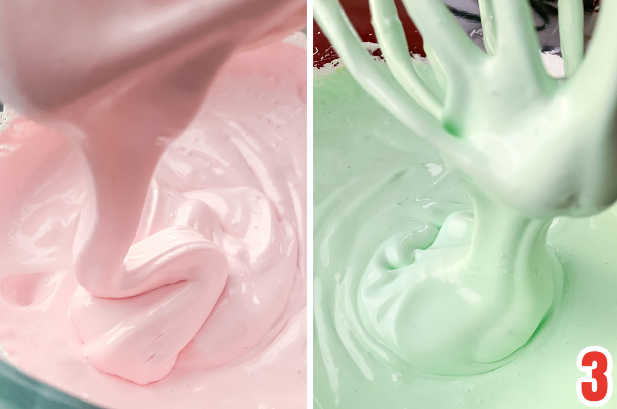 Collage image showing how to tint the marshmallow mixture green and red for Christmas.