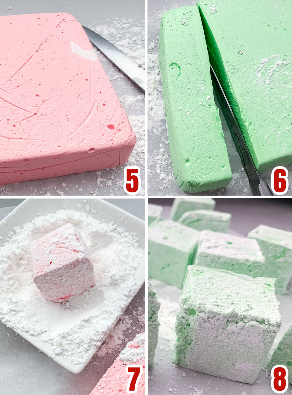Collage image showing how to dust the marshmallow with powdered sugar and cornstarch.