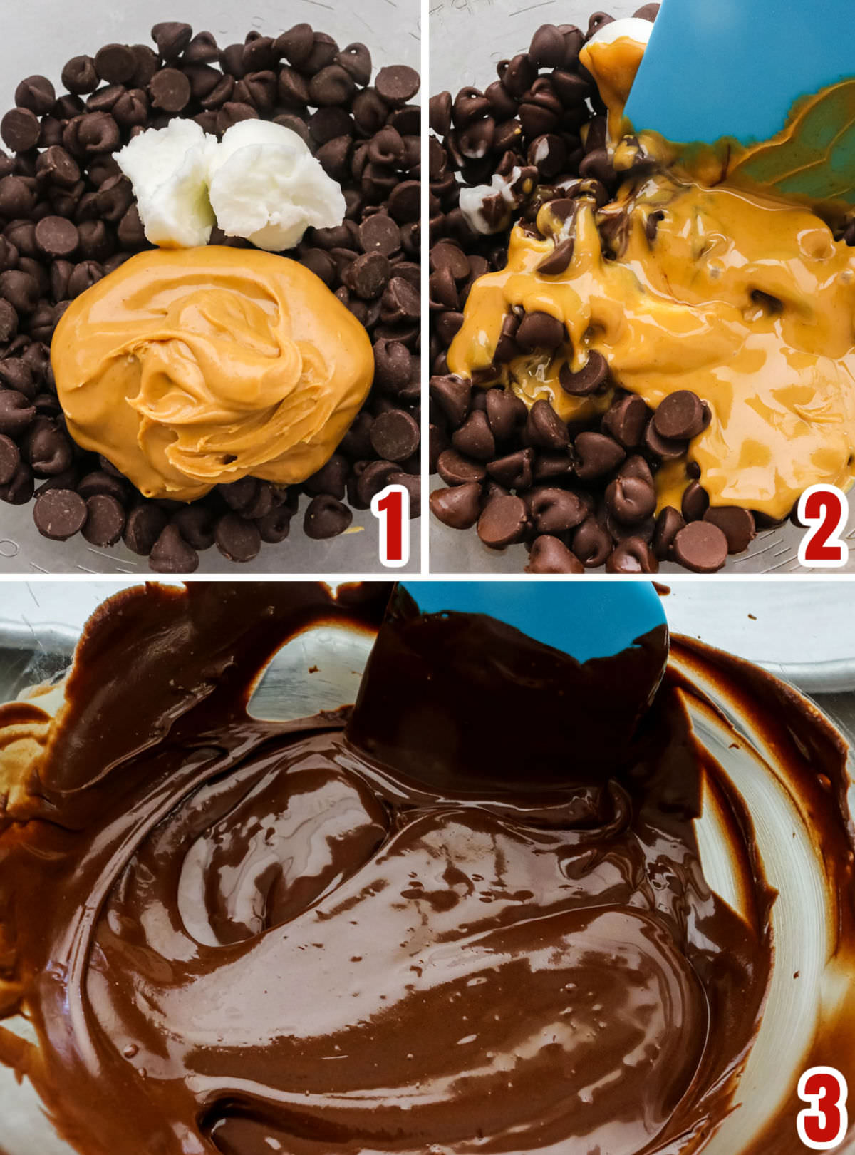Collage image showing the steps for making the chocolate peanut butter mixture.
