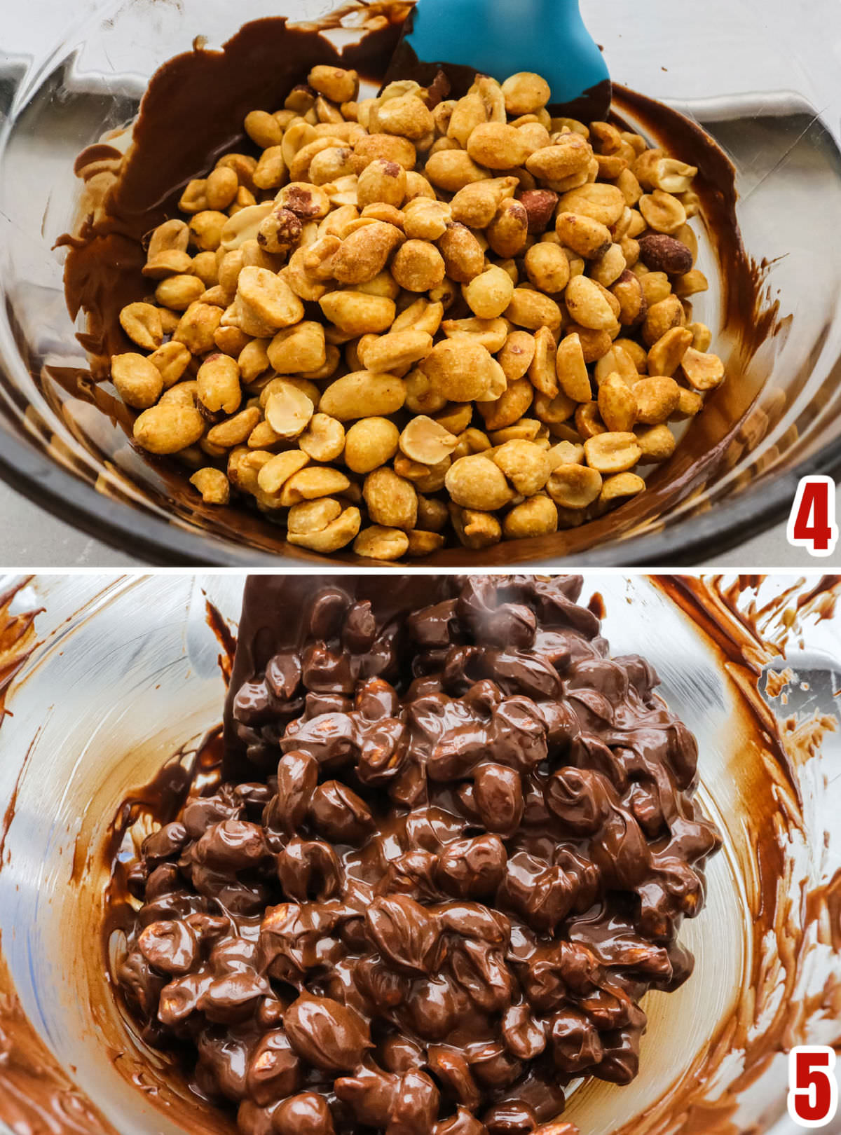 Collage image showing the steps for adding the peanuts to the melted chocolate mixture.