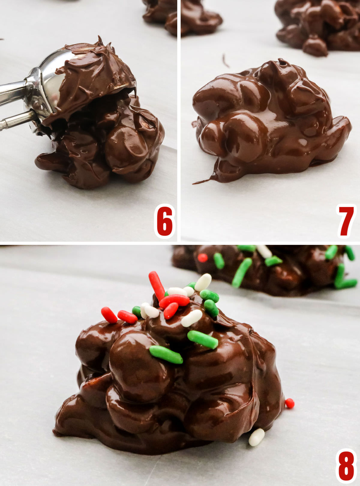 Collage image showing the steps for creating the individual chocolate peanut clusters.