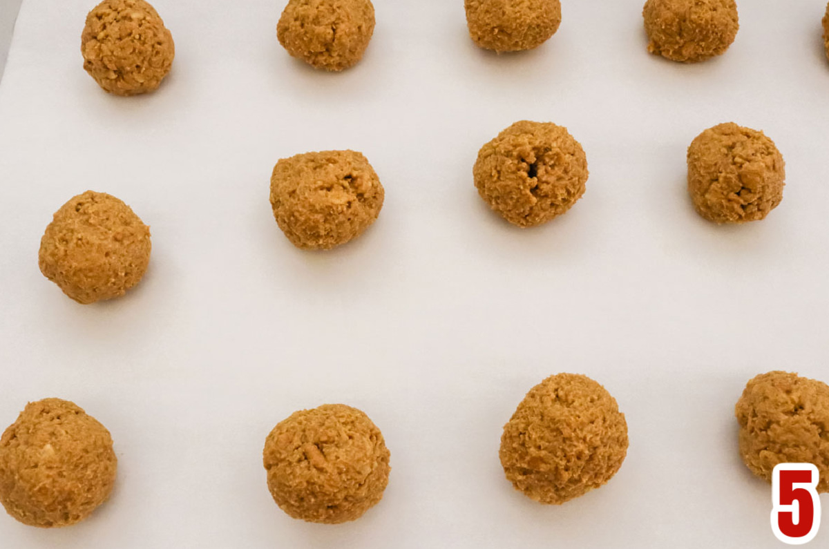 Overhead shot of the peanut butter candy balls sitting on a cookie sheet.