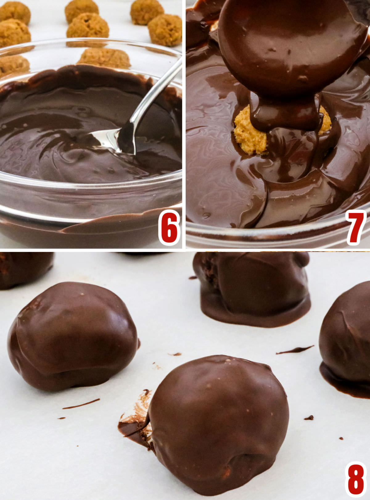 Collage image showing how to cover the peanut butter mixture in chocolate.