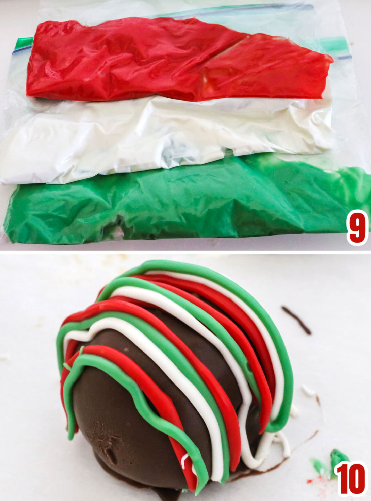 Collage image showing the steps for drizzling melted candy melts on the chocolate candy.